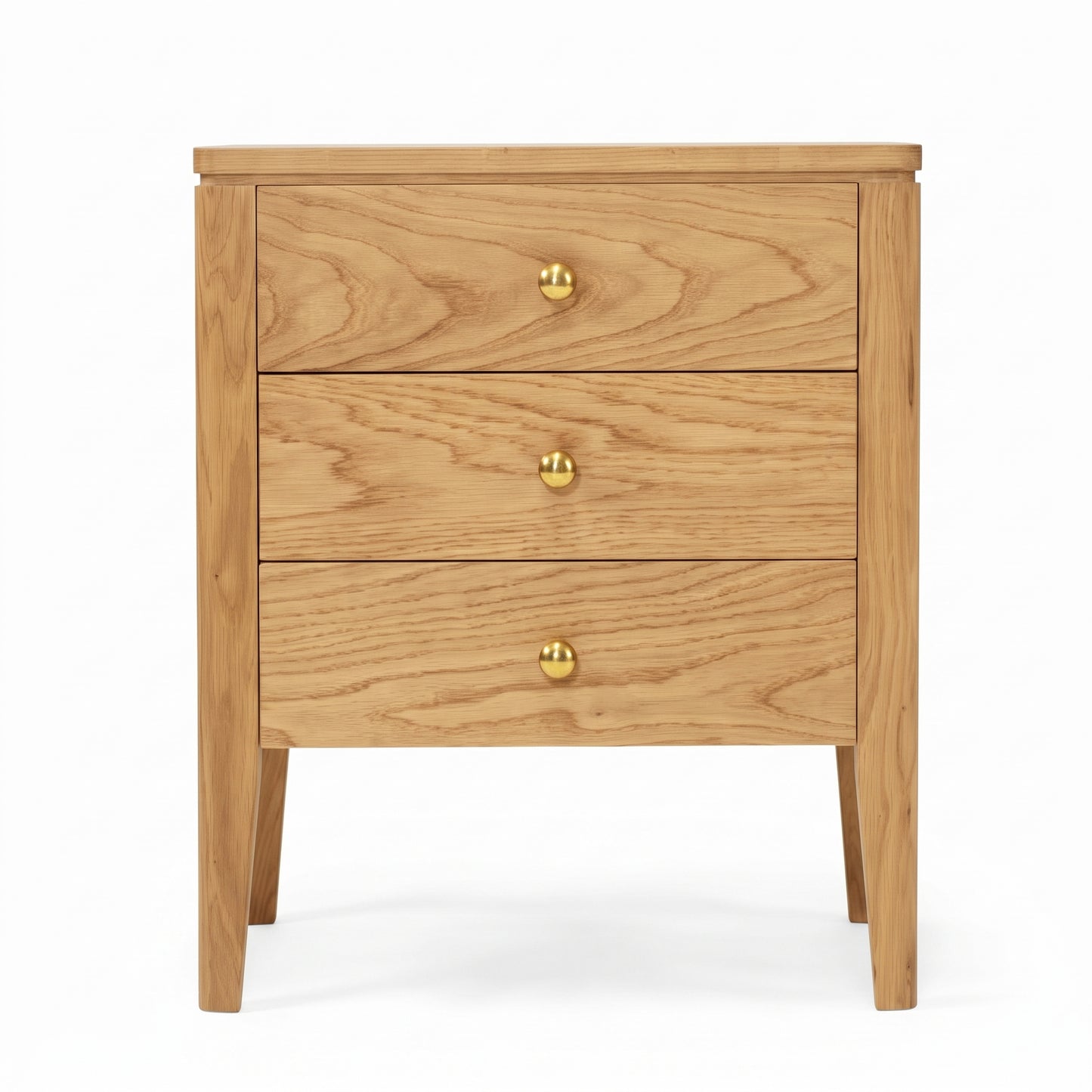 A three-drawer wooden nightstand with a light oak finish and small round brass knobs, shown against a plain white background.