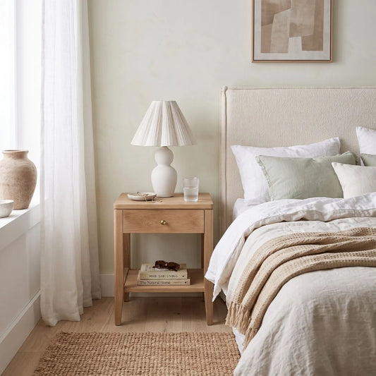 A styled bedroom scene featuring a light wood nightstand with a white ceramic table lamp, set next to a bed with neutral-toned linens and pillows.