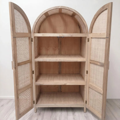Wooden cabinet with wicker doors on a white background