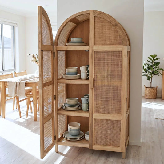 Wooden cabinet with wicker doors in a bright room with a table and chairs.