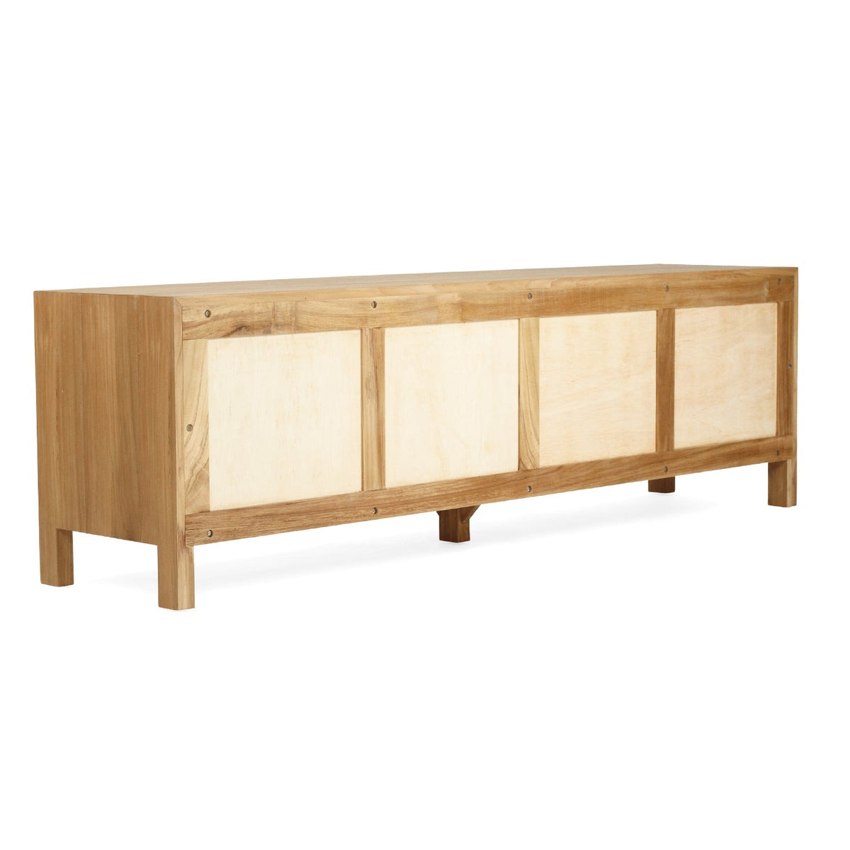 A modern light teak wood entertainment unit with four cabinet doors and tapered legs, shown against a plain white background.