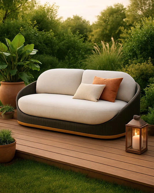 Outdoor sofa with cushions on a wooden deck surrounded by plants and a lantern.