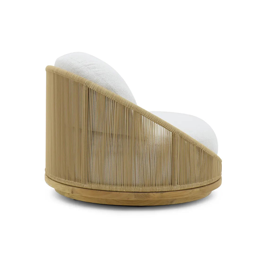 Modern chair with wooden frame and white cushion on a white background