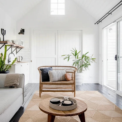 Modern living room with wicker chair, wooden coffee table, and plants.