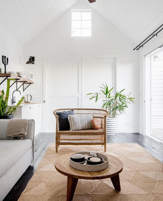Modern living room with wicker chair, wooden coffee table, and plants.