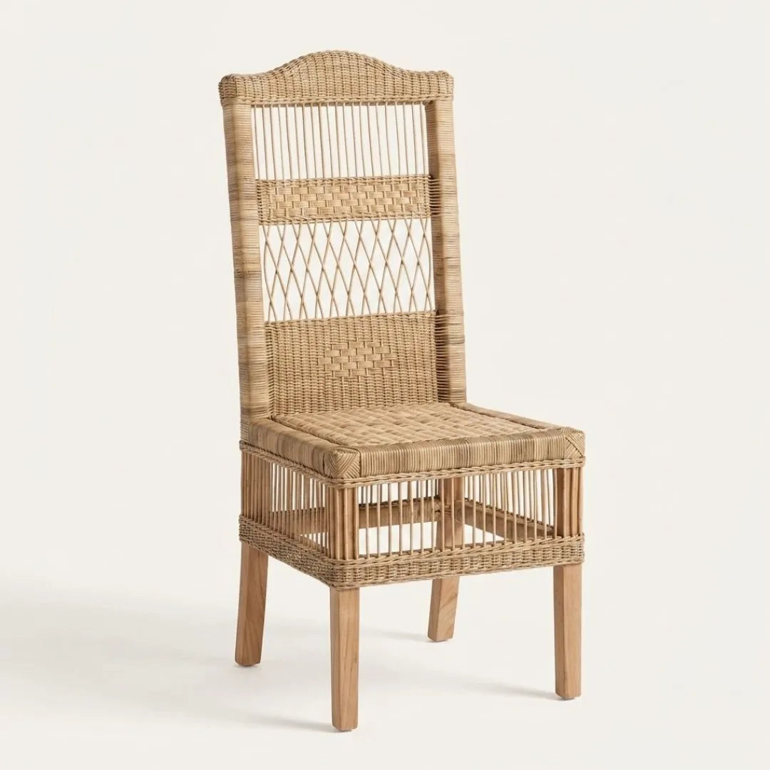 Wicker chair with a cushioned seat on a white background