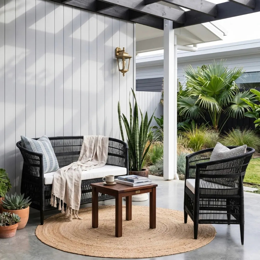 Outdoor patio with black wicker furniture, wooden table, and plants.