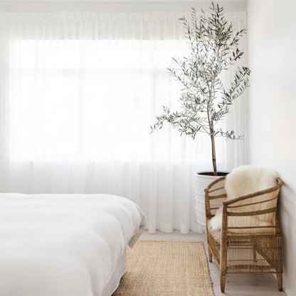 Modern bedroom with a bed, wicker chair, and potted plant.