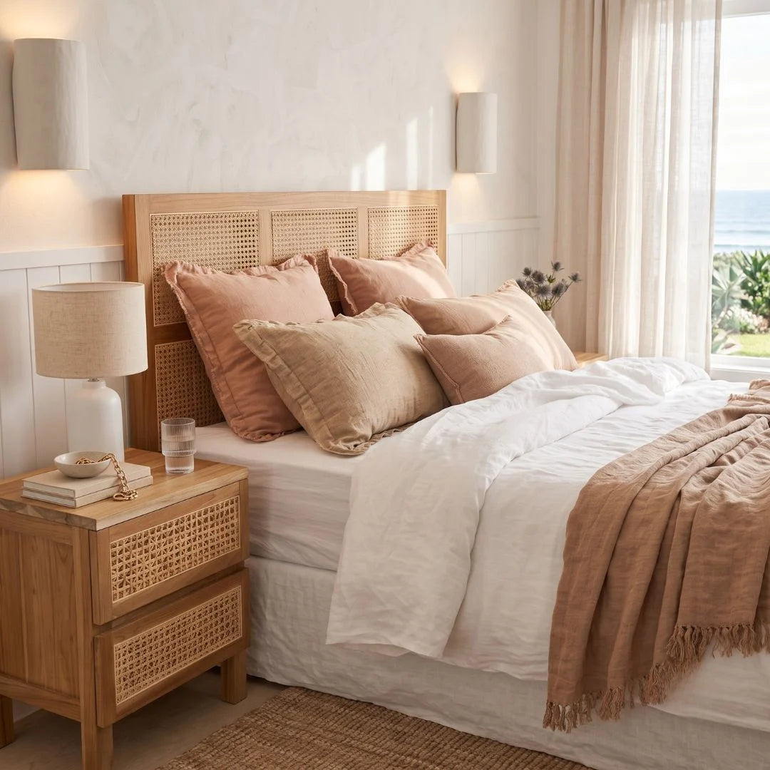A neatly made bed in a bright, modern bedroom featuring a light wood headboard with woven cane panels, styled with beige and dusty rose pillows, white linens, and a tan throw blanket. A matching wooden nightstand sits on the left, and a window with sheer curtains is visible on the right.