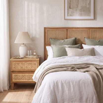 A styled bedroom scene featuring a bed with white linens, sage green and beige pillows, a woven rattan headboard, a matching rattan nightstand, and a white table lamp.