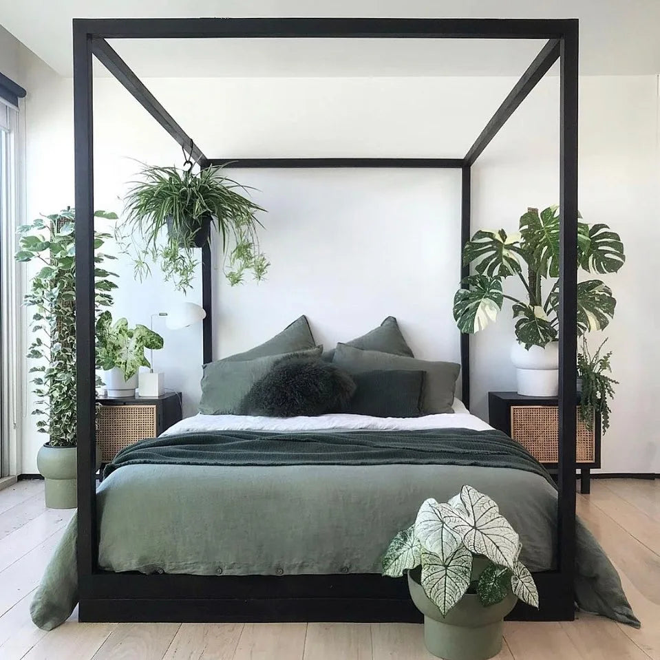 Bedroom with a canopy bed and various potted plants