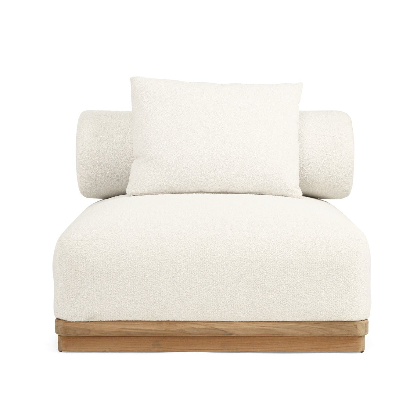 A modern low-profile armchair with a textured off-white bouclé seat and back cushion, featuring cylindrical side bolsters and a natural wood base, shown against a solid white background.