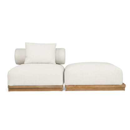White sectional chair with teak wooden base on a white background