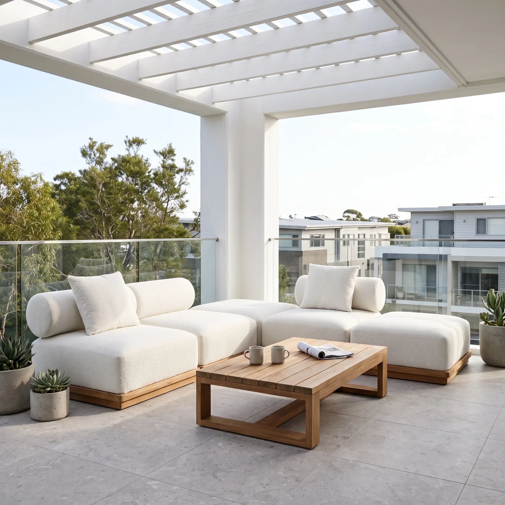 Outdoor sectional sofa set on a modern patio under a white pergola, featuring off-white boucle cushions and a light wood coffee table.