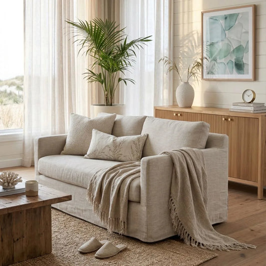 Cozy living room with a beige sofa, wooden coffee table, and decorative elements.