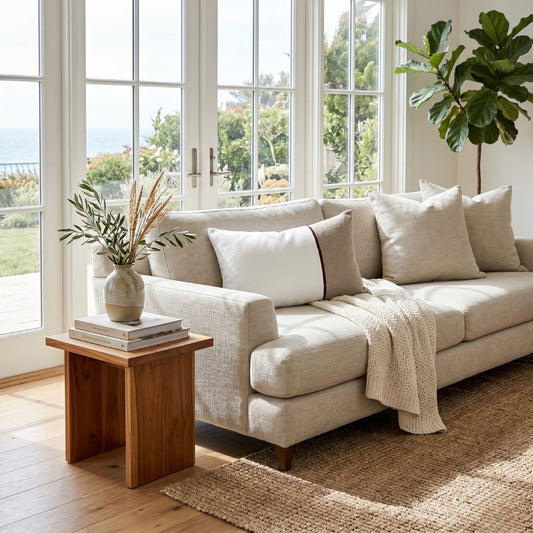 Beige sofa with cushions and a wooden side table in a sunlit room.
