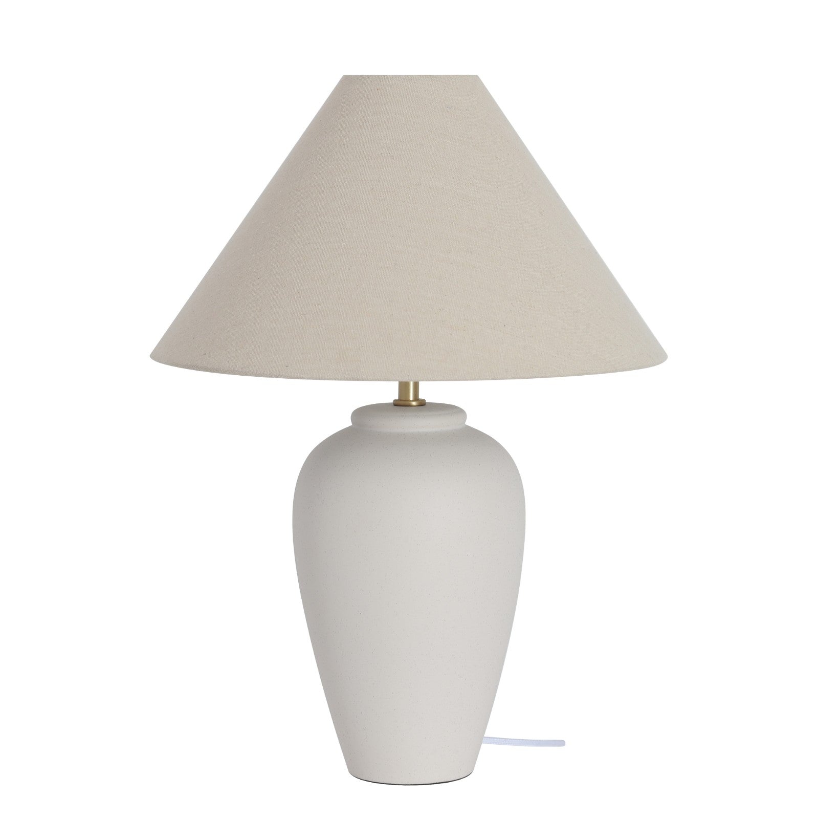 White table lamp with a beige lampshade on a white background