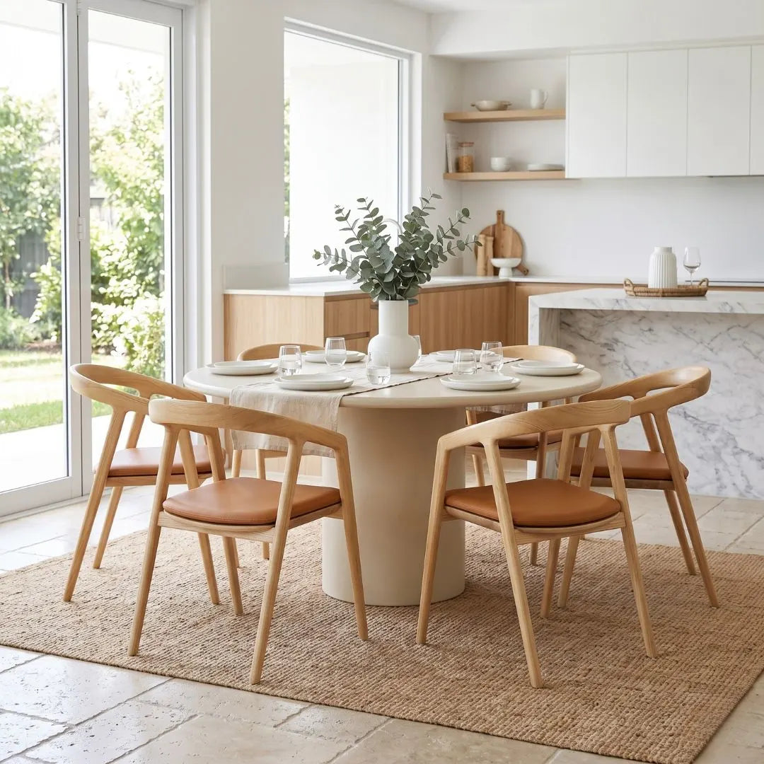 Dining area with a round table and chairs in a modern kitchen.