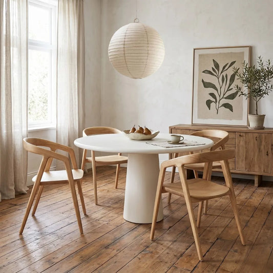 Dining room with a round white table and wooden chairs, featuring a plant and artwork on the wall.