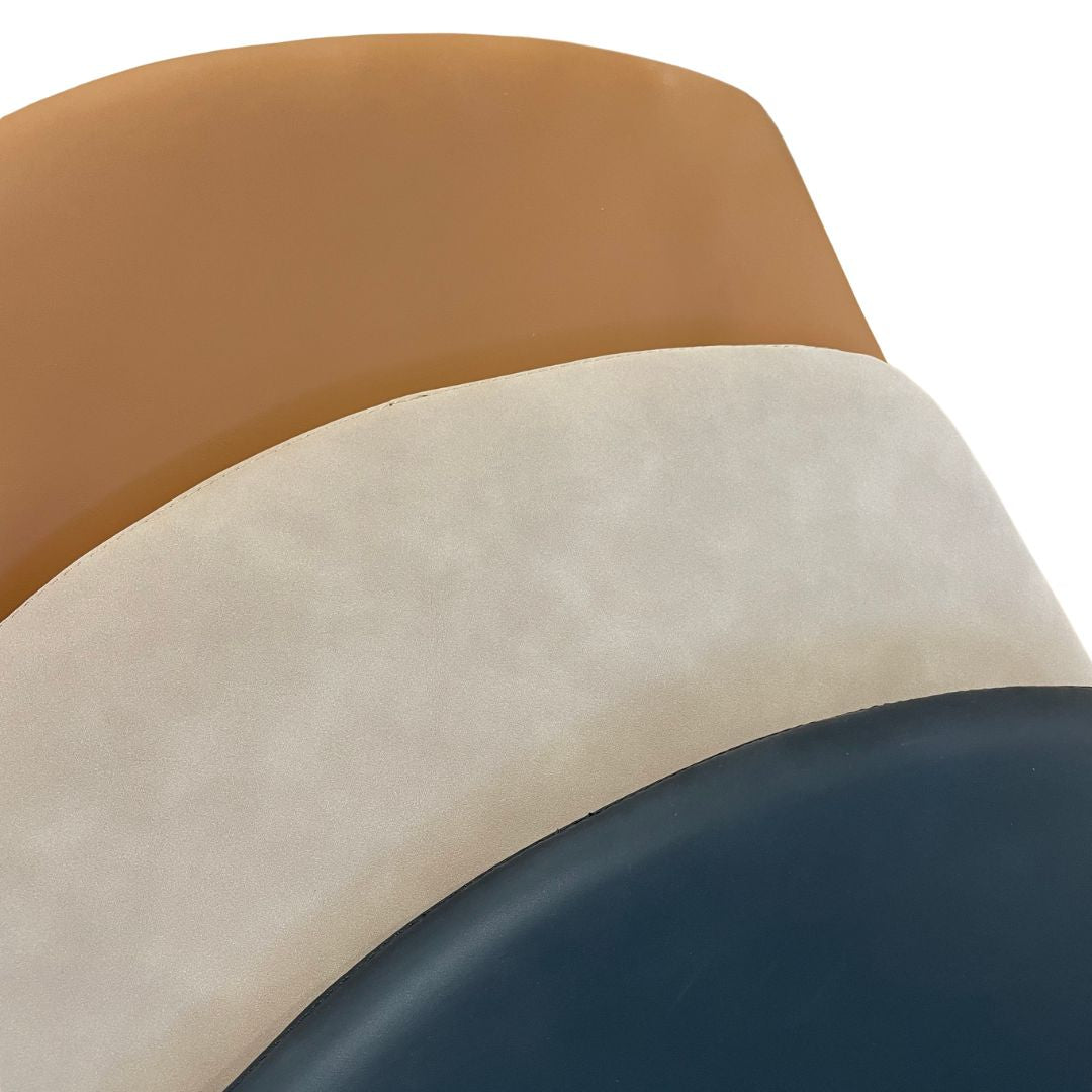 Three dining chair seat pad cushions in tan brown, beige khaki, and black on a white background