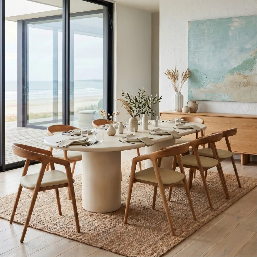 Dining room with a round white table and wooden chairs, large windows showing a beach view.