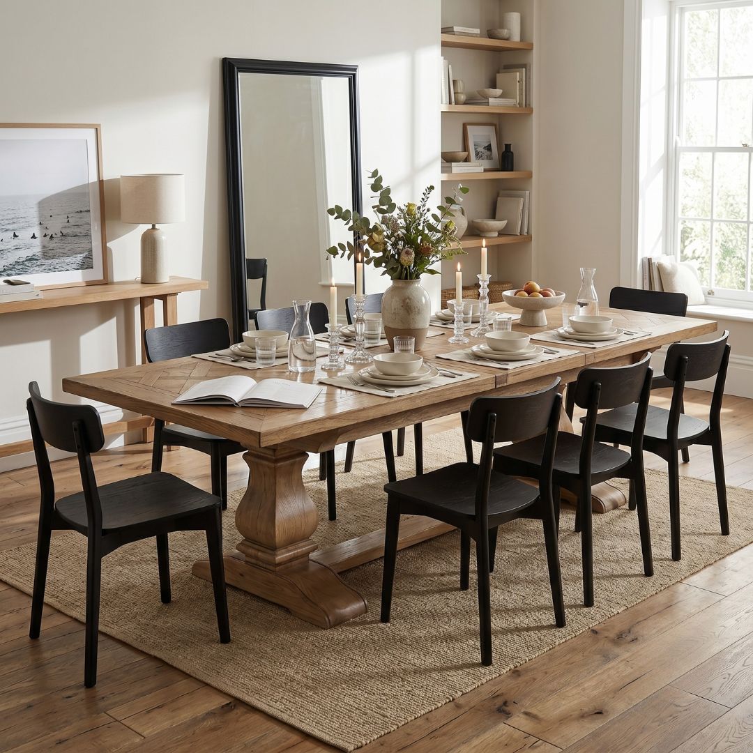 A rectangular wooden dining table with a turned pedestal base and trestle-style feet, surrounded by black chairs in a bright, modern dining room. The table is set with white plates, glassware, and a vase of greenery, placed on a woven jute rug over hardwood floors.