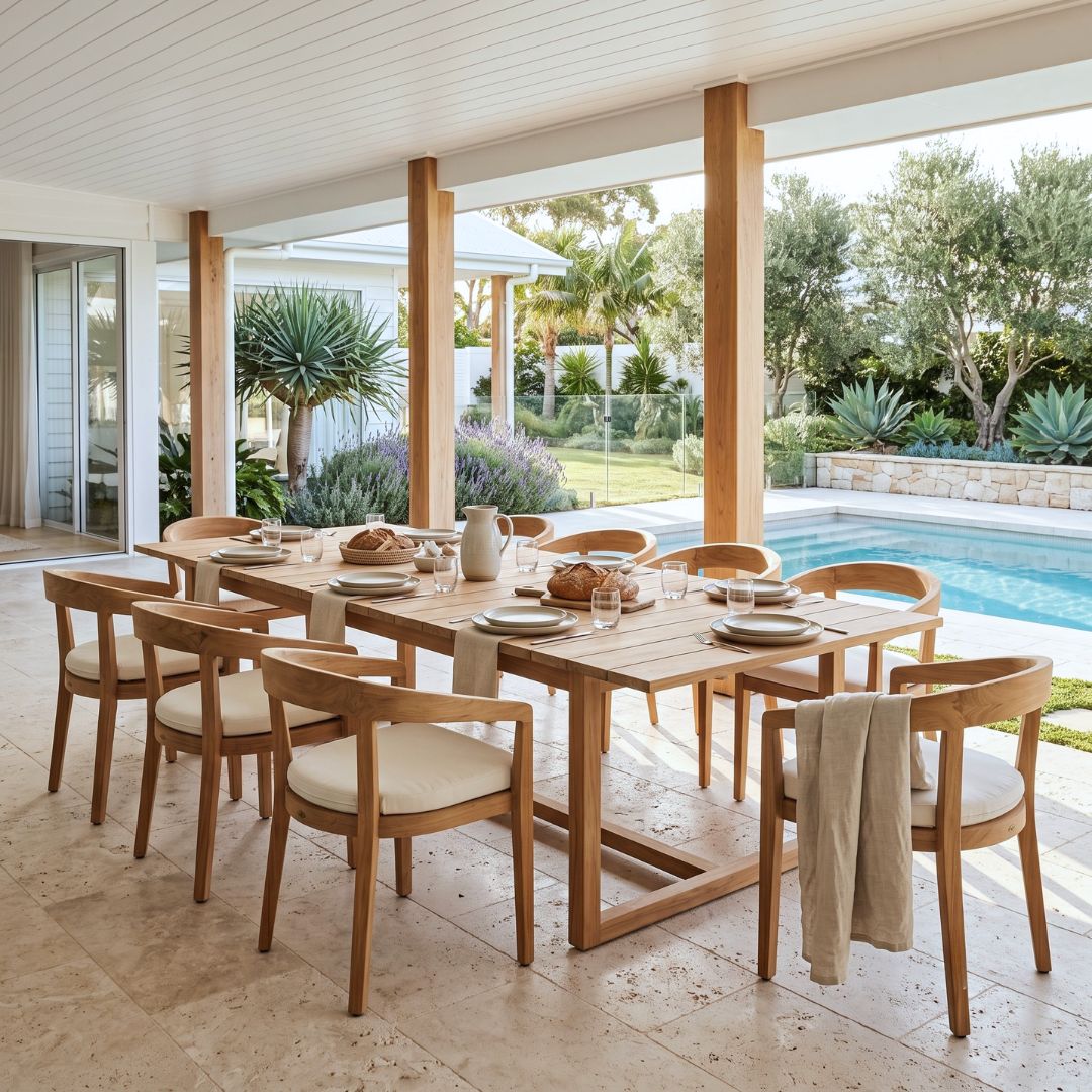A wooden dining table with six matching chairs in a modern outdoor patio setting with a swimming pool and lush green garden in the background.