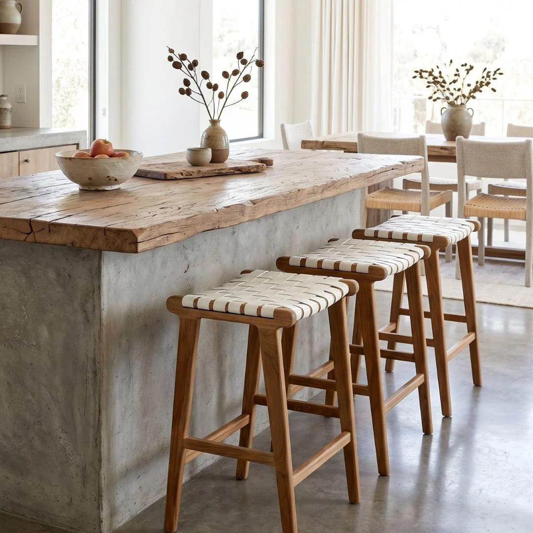 Otis Woven Leather & Teak Saddle Counter Stool - White
