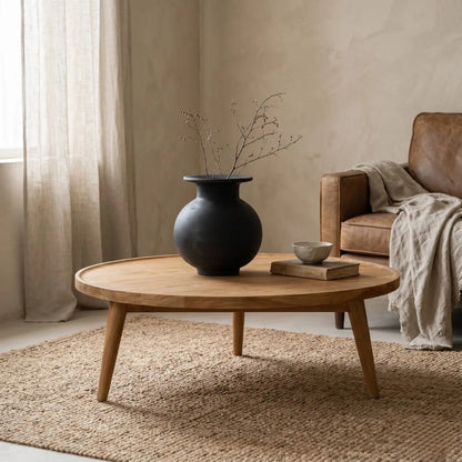 Wooden coffee table with a black vase and books in a living room setting.
