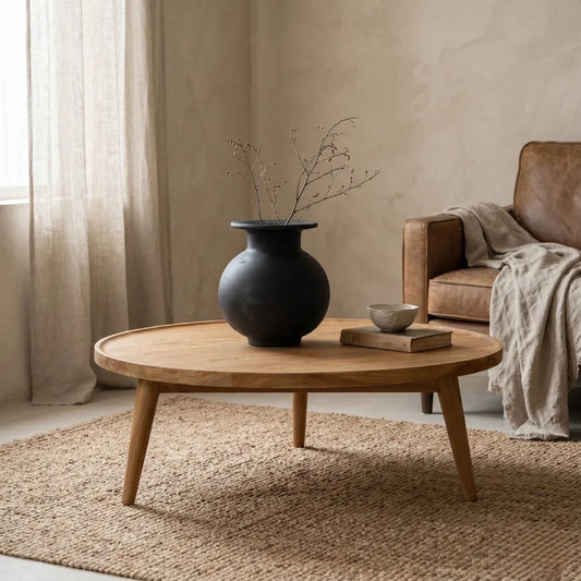 Wooden coffee table with a black vase and books in a living room setting.