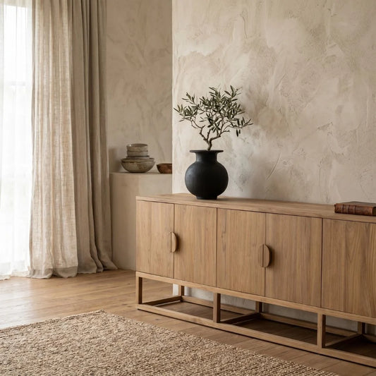 Black ceramic vessel on a teak sideboard