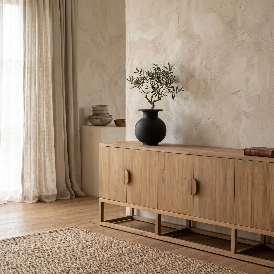 Wooden sideboard with decorative items in a room with neutral decor