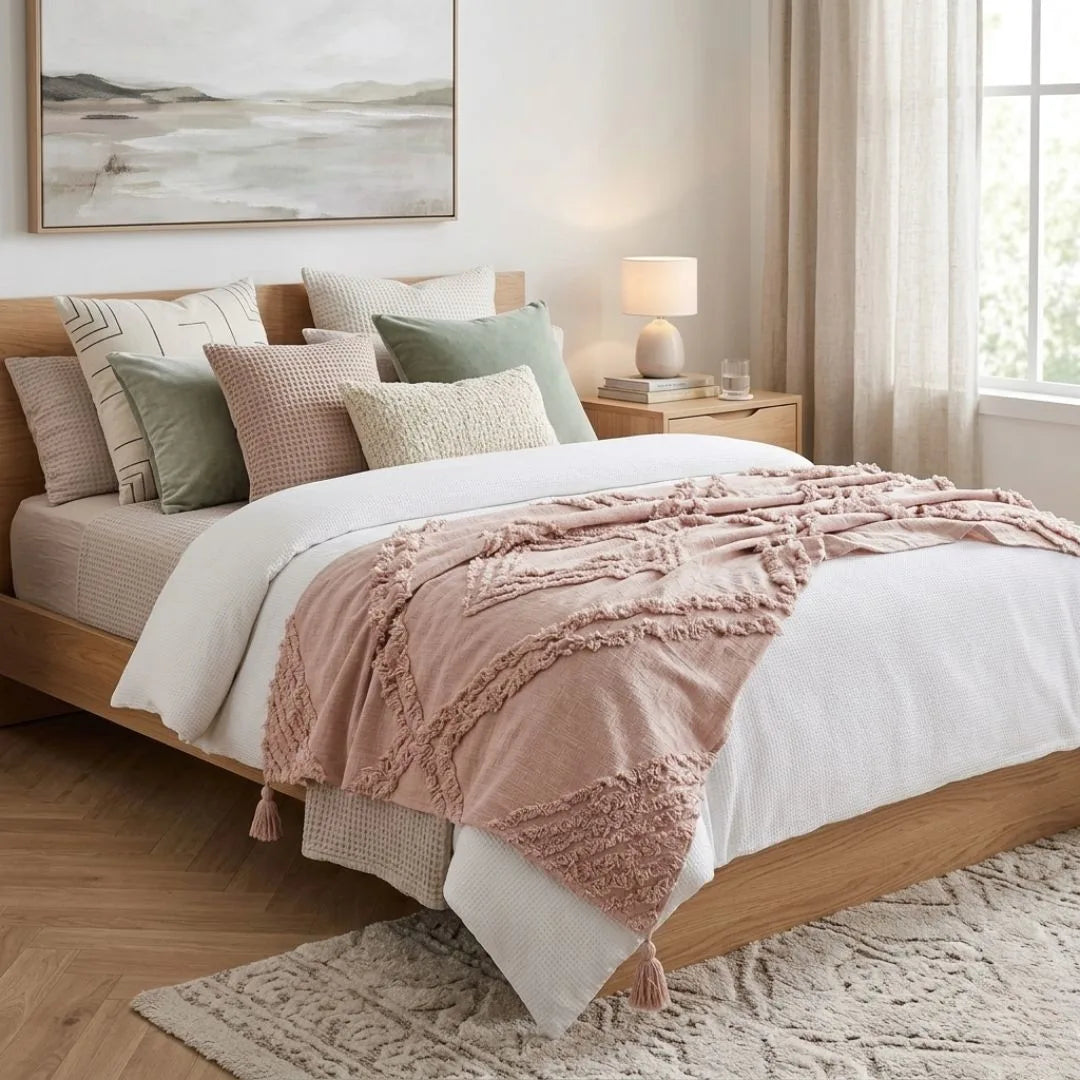 Neatly made bed with decorative pillows and a blush pink blanket in a well-lit bedroom.