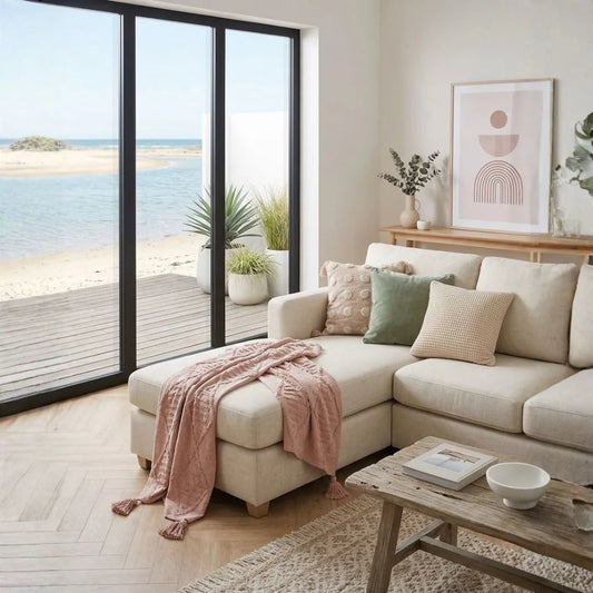 Modern living room with a sectional sofa, coffee table,  Sun Republic Blush throw blanket and large windows overlooking a beach.