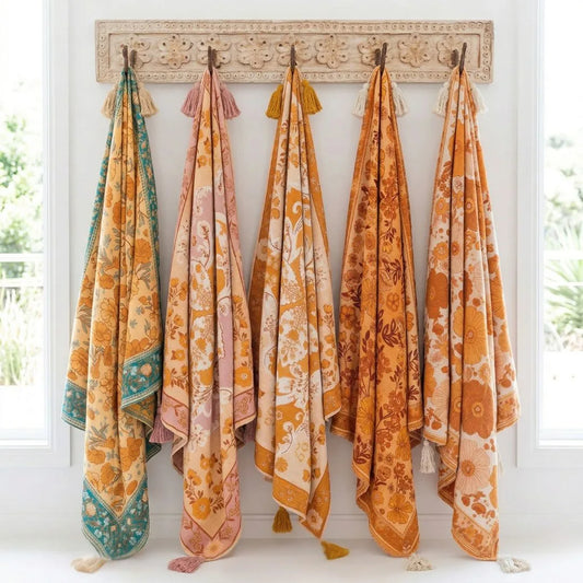Set of colorful patterned throw blankets hanging on a decorative wooden hook against a white wall.