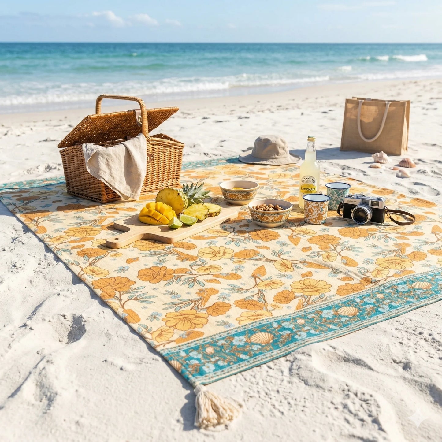 Beach picnic setup with a floral blanket, basket, and beach bag.