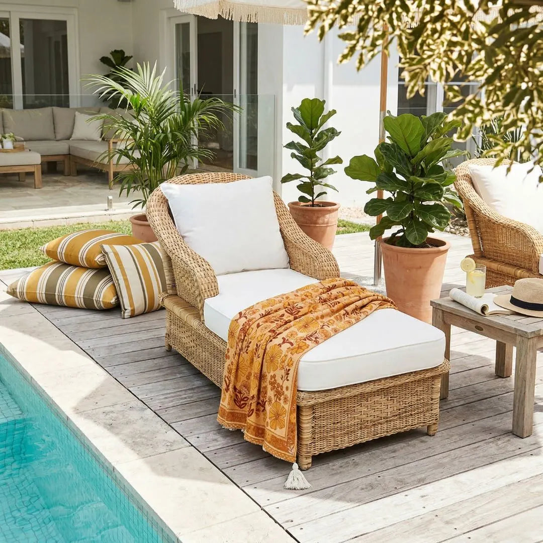 Outdoor patio with wicker chair, cushions, and plants near a pool.