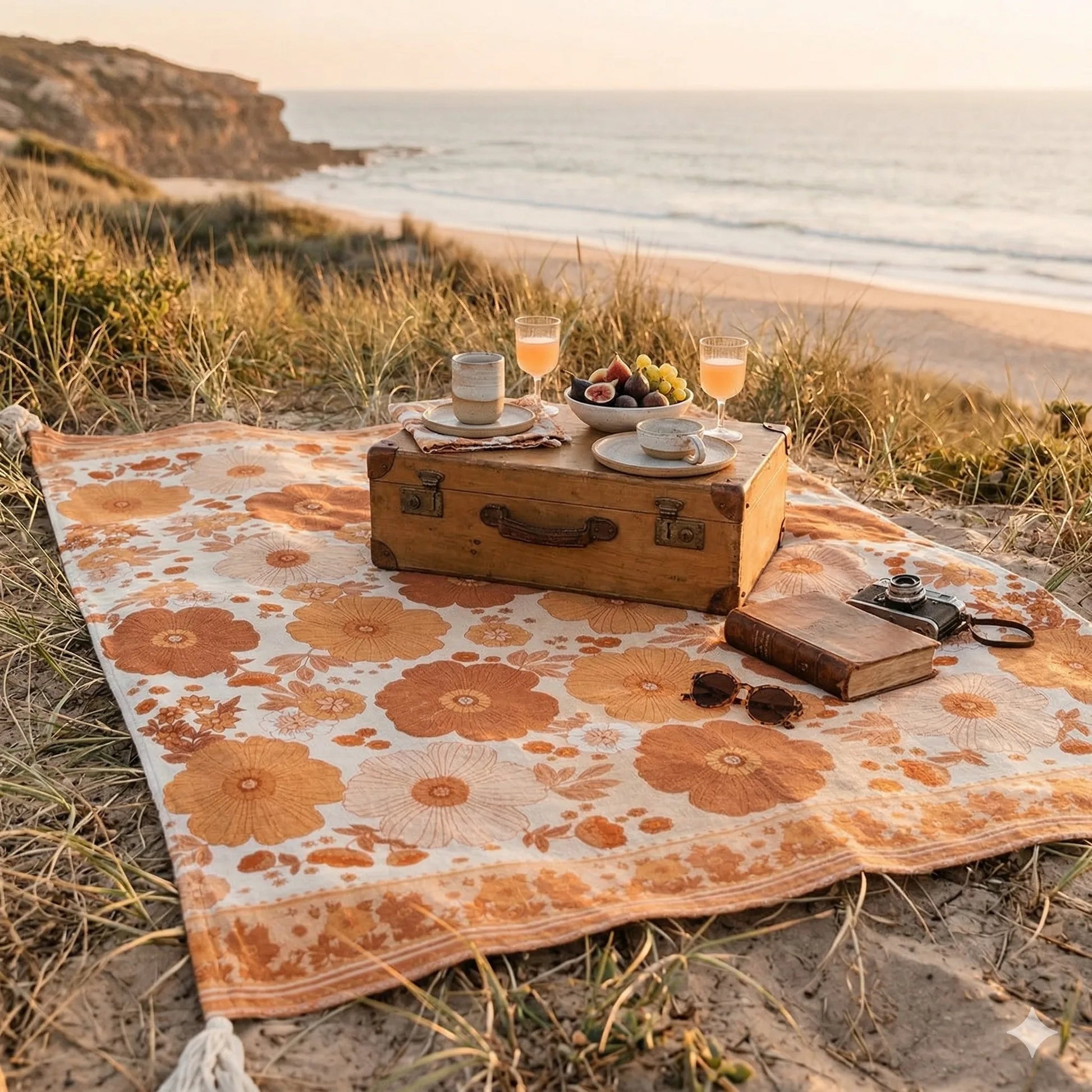 Picnic setup on a floral blanket by the beach with a suitcase, fruit, and drinks.