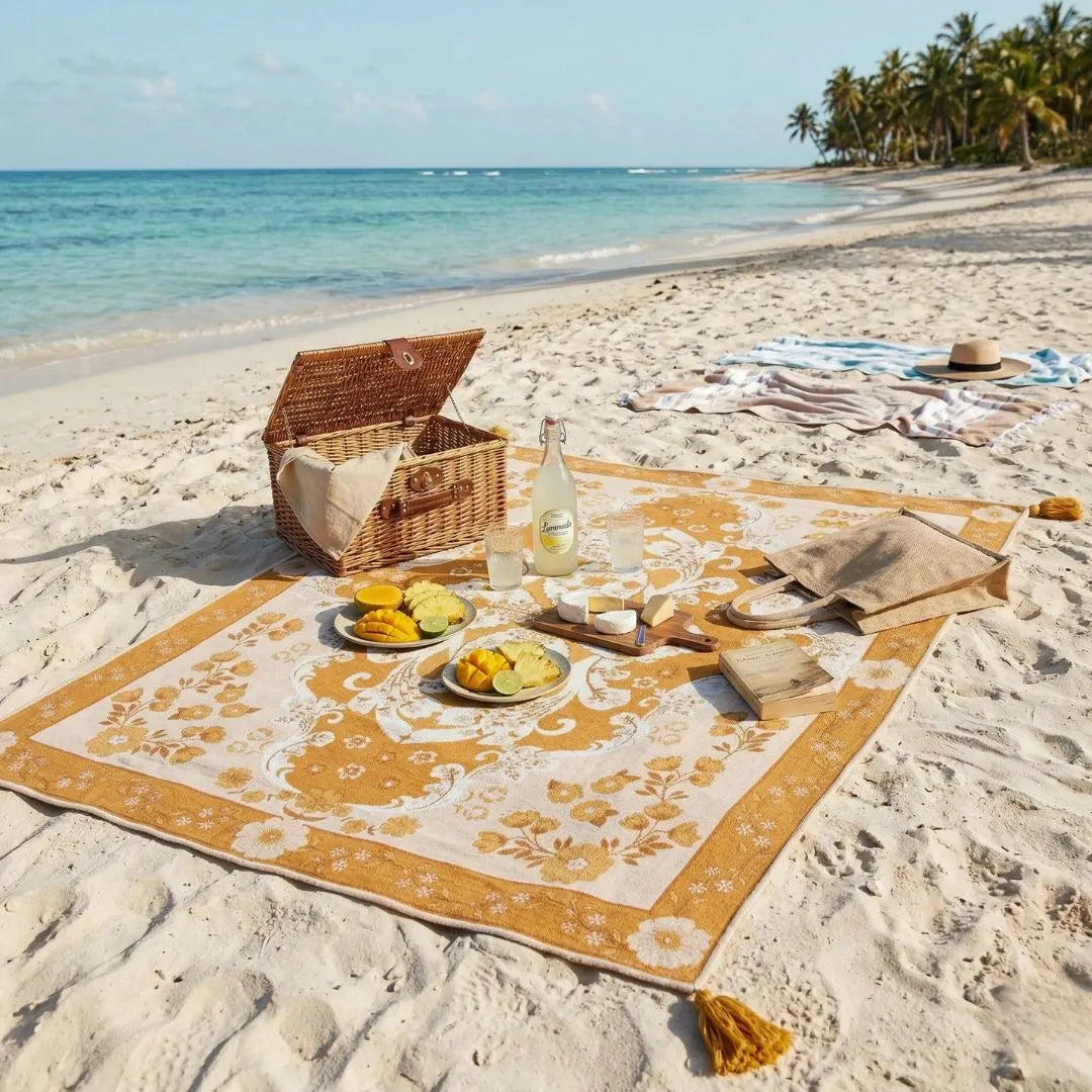 Picnic setup on a sandy beach with a wicker basket, plates of food, and a bottle.