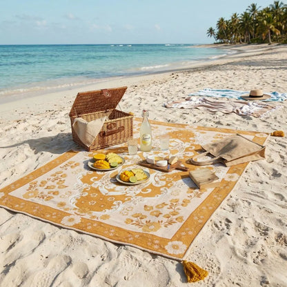 Picnic setup on a sandy beach with a wicker basket, plates of food, and a bottle.