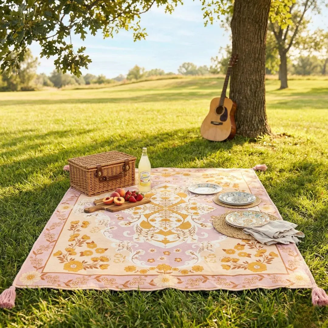 Picnic setup with a floral blanket, plates, and a guitar under a tree in a park.