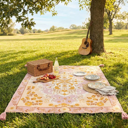 Picnic setup with a floral blanket, plates, and a guitar under a tree in a park.