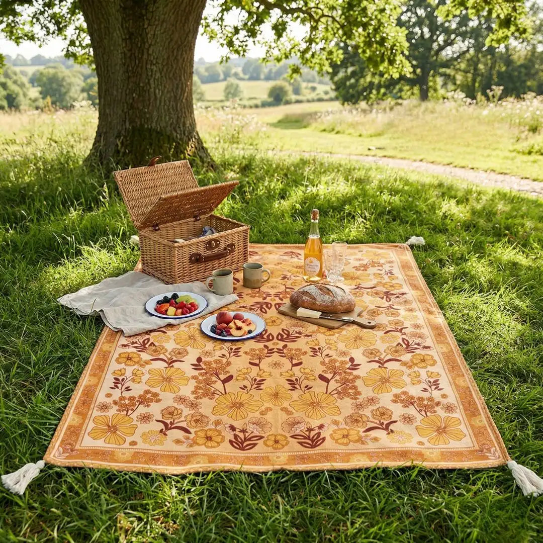 Picnic setup on a floral blanket under a tree in a park