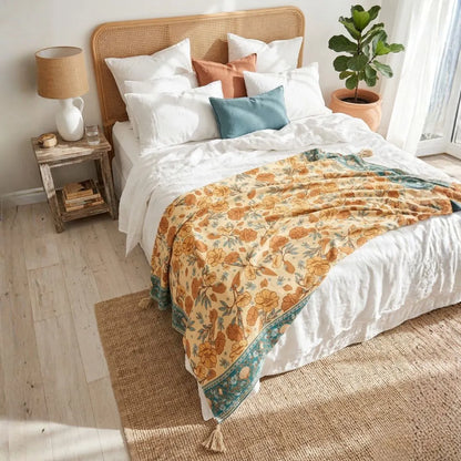 Bedroom with a bed featuring a floral blanket, white pillows, and a wooden headboard.