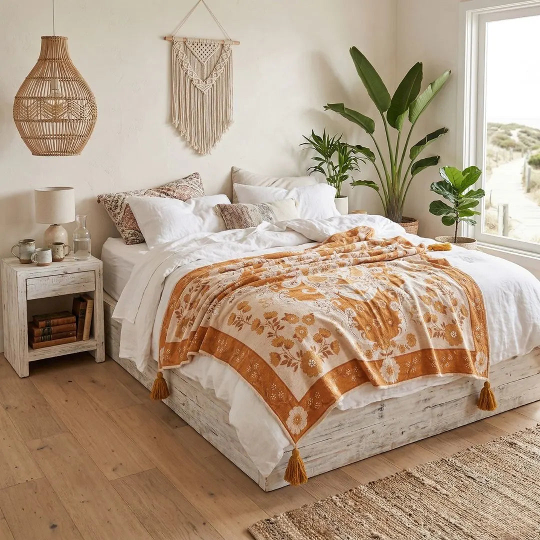 Cozy bedroom with a bed, nightstands, and decorative elements.