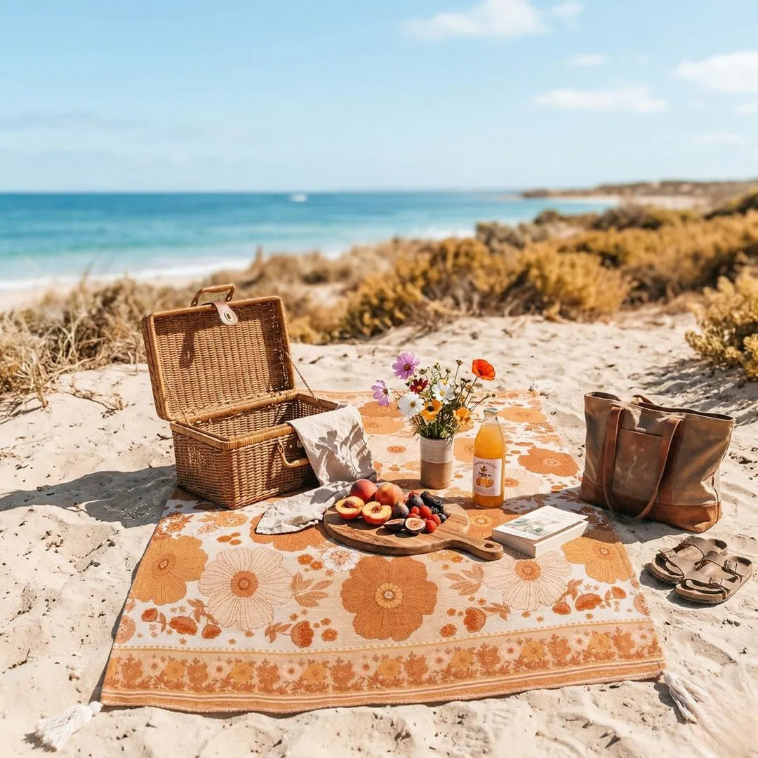 Picnic setup on a sandy beach with a floral blanket, fruits, flowers, and a basket.