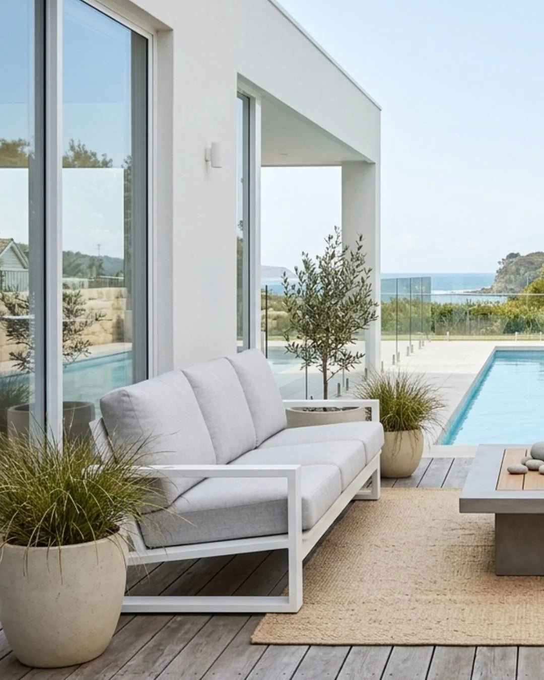 Modern outdoor living space with a white sofa, coffee table, and potted plants by a pool.