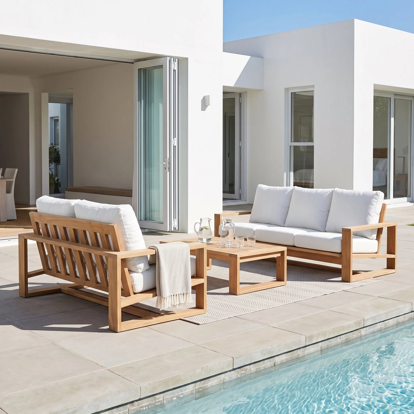 A modern outdoor patio furniture set with a wooden slat bench, a three-seat sofa, and a matching coffee table, all with white cushions, arranged on a light stone deck next to a swimming pool in front of a minimalist white building.
