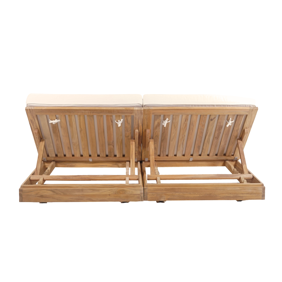 Wooden outdoor sunlounge chair with beige cushions on a white background