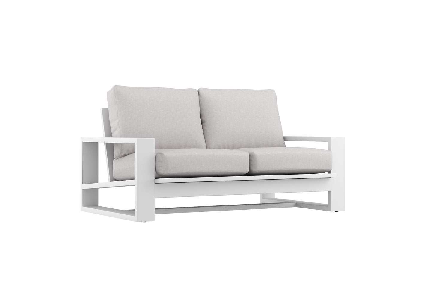 Modern outdoor sofa with light gray cushions on a white background